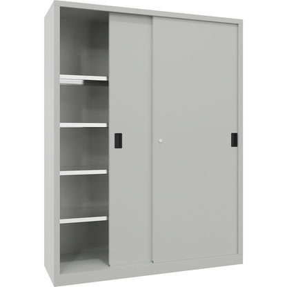 Sliding door cabinet, height 1950 mm, solid sheet metal doors, WxD 1500 x 500 mm, with divider and 2 x 4 shelves, door light grey.