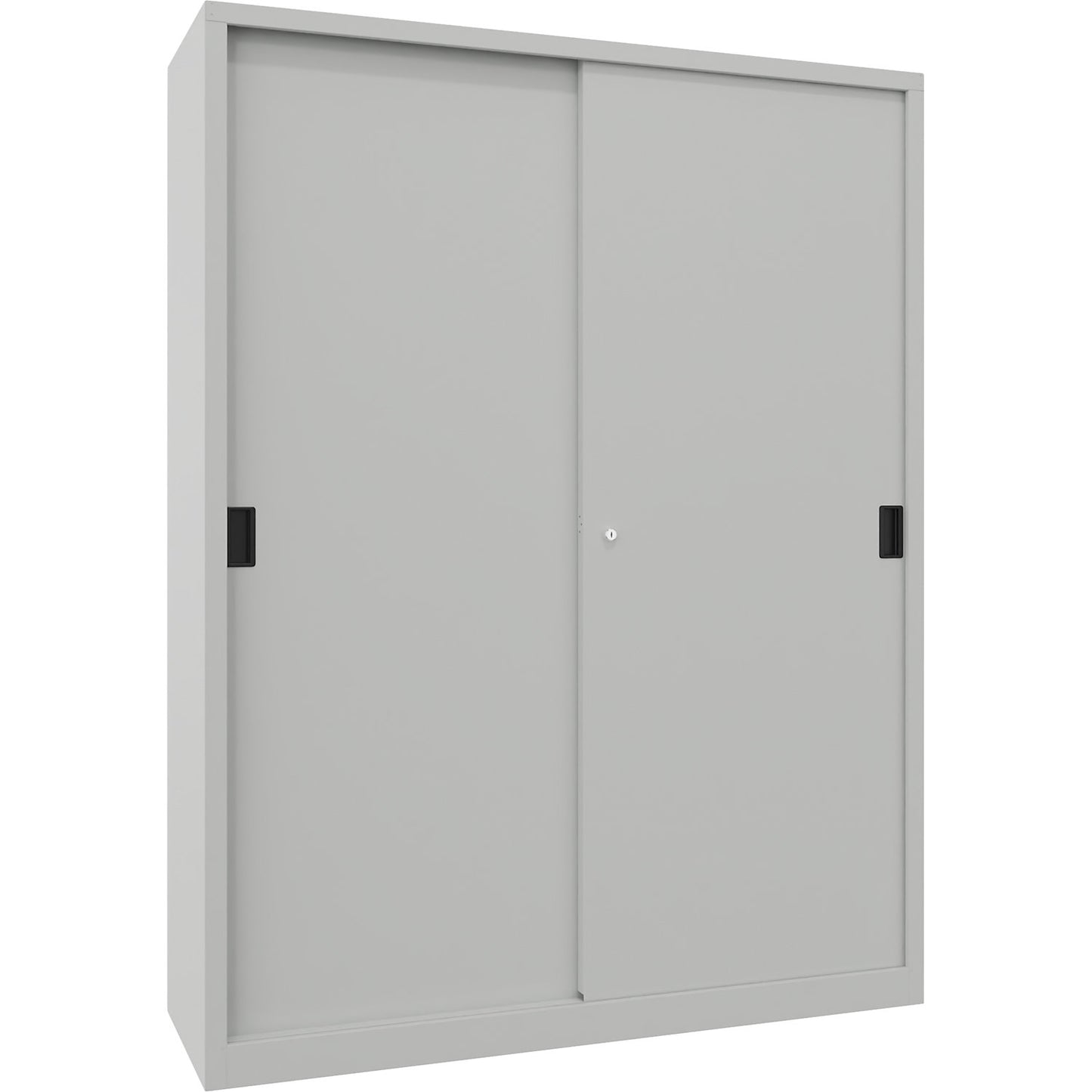 Sliding door cabinet, height 1950 mm, solid sheet metal doors, WxD 1500 x 500 mm, with divider and 2 x 4 shelves, door light grey.
