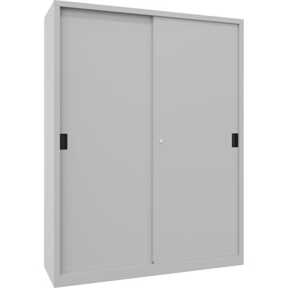 Sliding door cabinet, height 1950 mm, solid sheet metal doors, WxD 1500 x 500 mm, with divider and 2 x 4 shelves, door light grey.