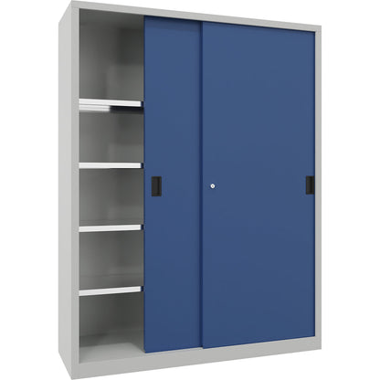 Sliding door cabinet, height 1950 mm, solid sheet metal doors, WxD 1500 x 500 mm, with divider and 2 x 4 shelves, door gentian blue.