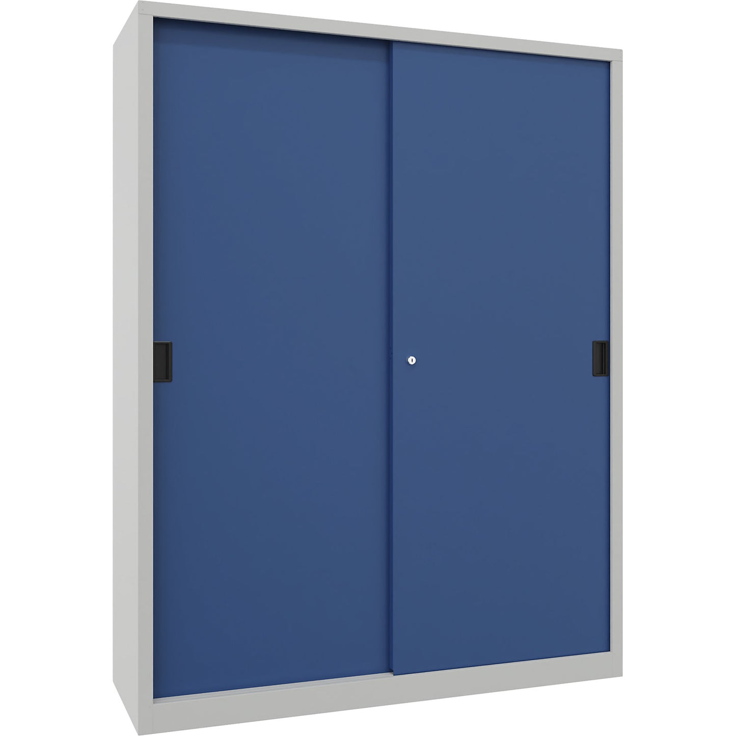 Sliding door cabinet, height 1950 mm, solid sheet metal doors, WxD 1500 x 500 mm, with divider and 2 x 4 shelves, door gentian blue.