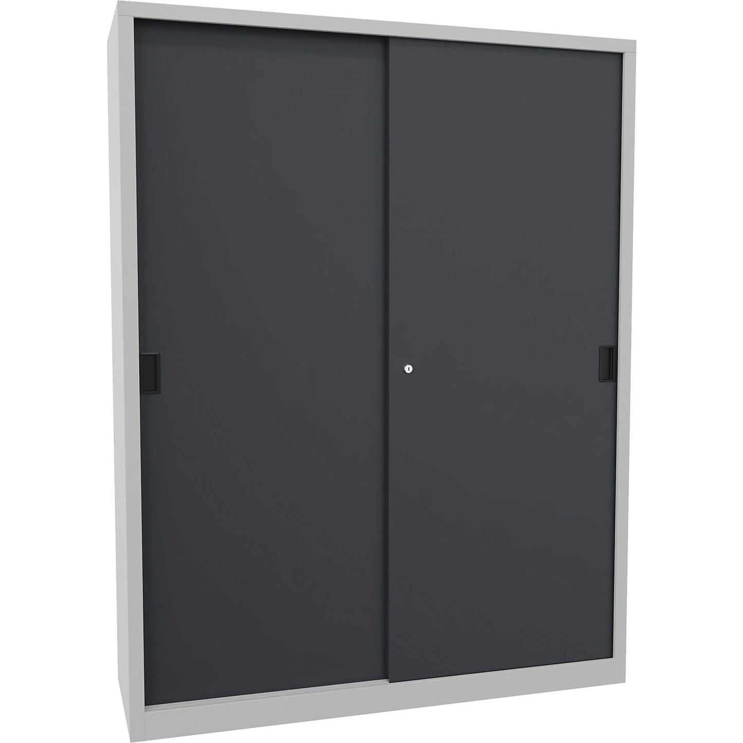Sliding door cabinet, height 1950 mm, solid sheet metal doors, WxD 1500 x 500 mm, with divider and 2 x 4 shelves, anthracite door.