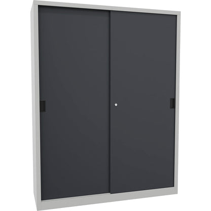 Sliding door cabinet, height 1950 mm, solid sheet metal doors, WxD 1500 x 500 mm, with divider and 2 x 4 shelves, anthracite door.