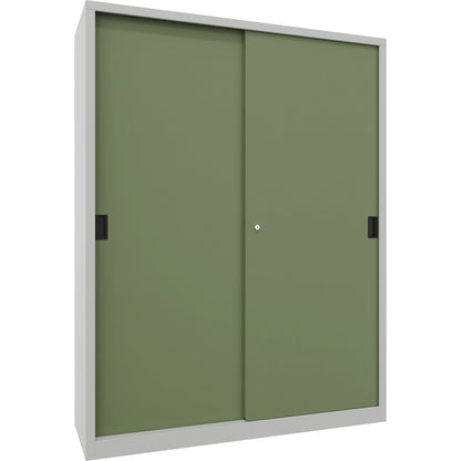 Sliding door cabinet, height 1950 mm, solid sheet metal doors, WxD 1500 x 500 mm, with divider and 2 x 4 shelves, door reseda green.