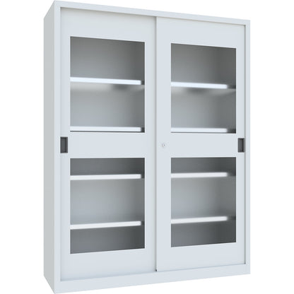 Sliding door cabinet, height 1950 mm, glazed doors, WxD 1500 x 500 mm, with divider and 2 x 4 shelves, door light grey.