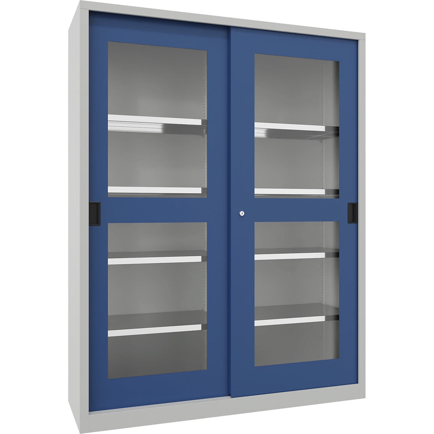 Sliding door cabinet, height 1950 mm, glazed doors, WxD 1500 x 500 mm, with divider and 2 x 4 shelves, door gentian blue.