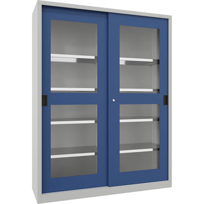 Sliding door cabinet, height 1950 mm, glazed doors, WxD 1500 x 500 mm, with divider and 2 x 4 shelves, door gentian blue.