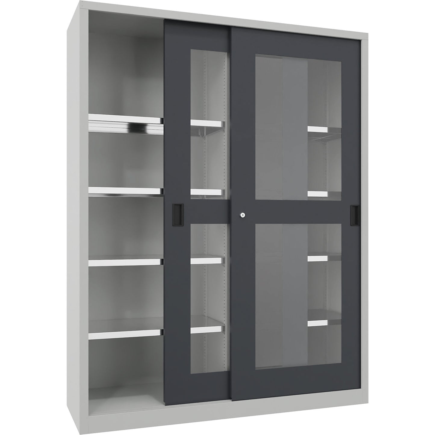 Sliding door cabinet, height 1950 mm, glazed doors, WxD 1500 x 500 mm, with divider and 2 x 4 shelves, anthracite door.
