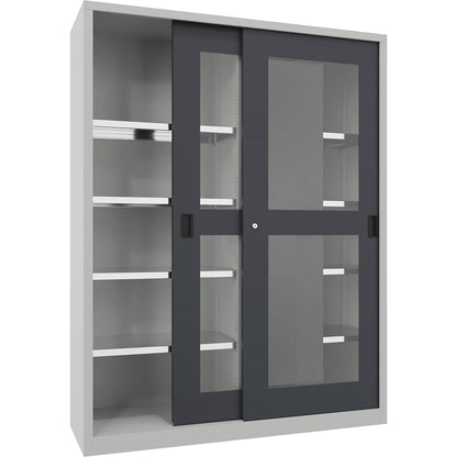 Sliding door cabinet, height 1950 mm, glazed doors, WxD 1500 x 500 mm, with divider and 2 x 4 shelves, anthracite door.