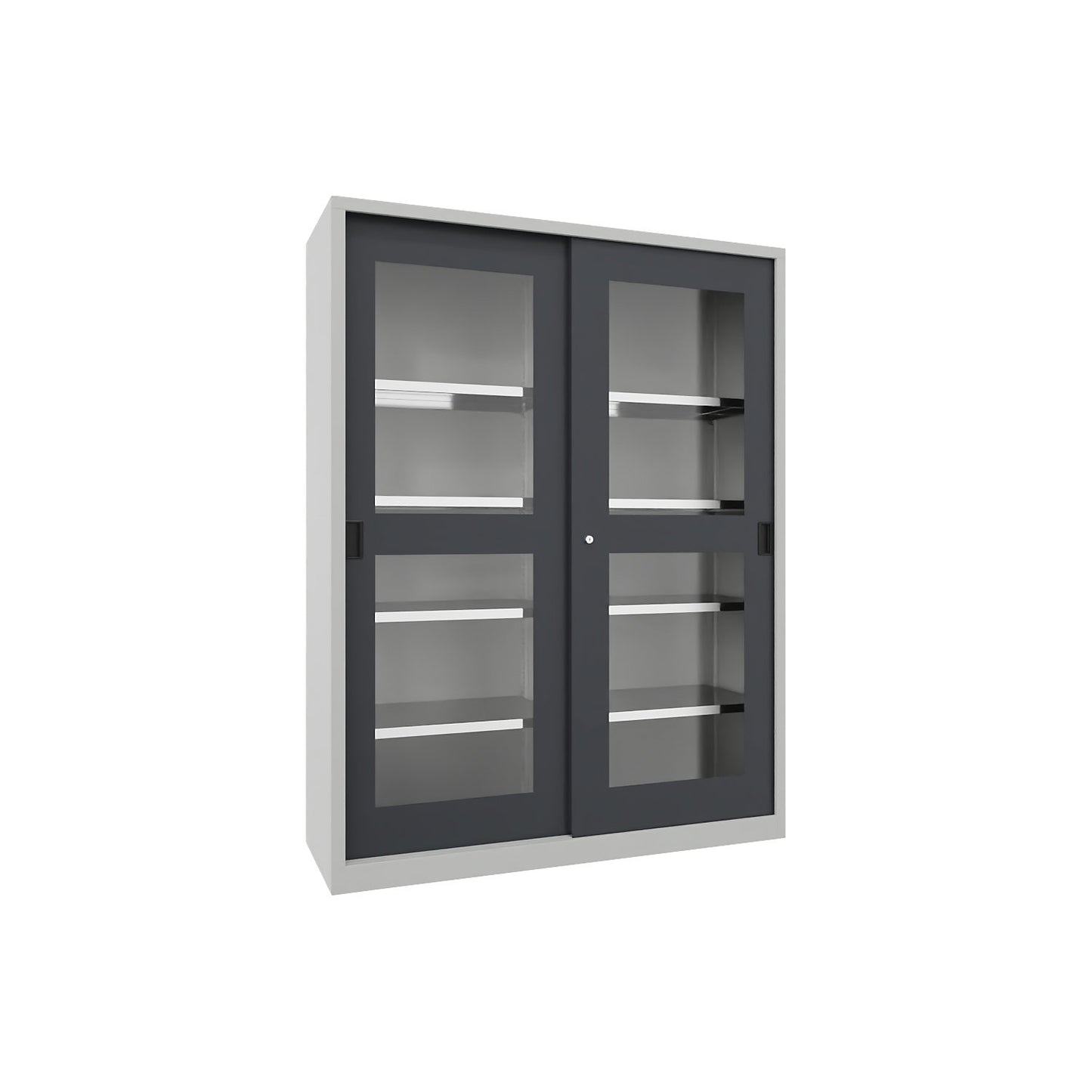 Sliding door cabinet, height 1950 mm, glazed doors, WxD 1500 x 500 mm, with divider and 2 x 4 shelves, anthracite door.