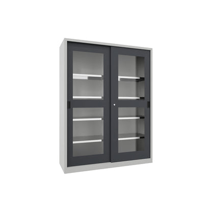 Sliding door cabinet, height 1950 mm, glazed doors, WxD 1500 x 500 mm, with divider and 2 x 4 shelves, anthracite door.