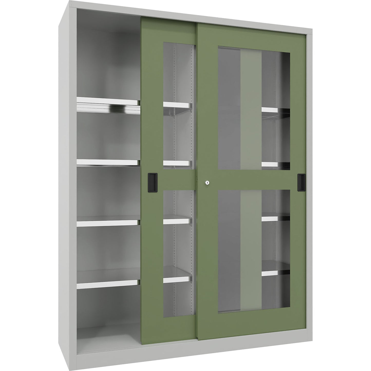 Sliding door cabinet, height 1950 mm, glazed doors, WxD 1500 x 500 mm, with divider and 2 x 4 shelves, door reseda green.