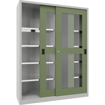 Sliding door cabinet, height 1950 mm, glazed doors, WxD 1500 x 500 mm, with divider and 2 x 4 shelves, door reseda green.