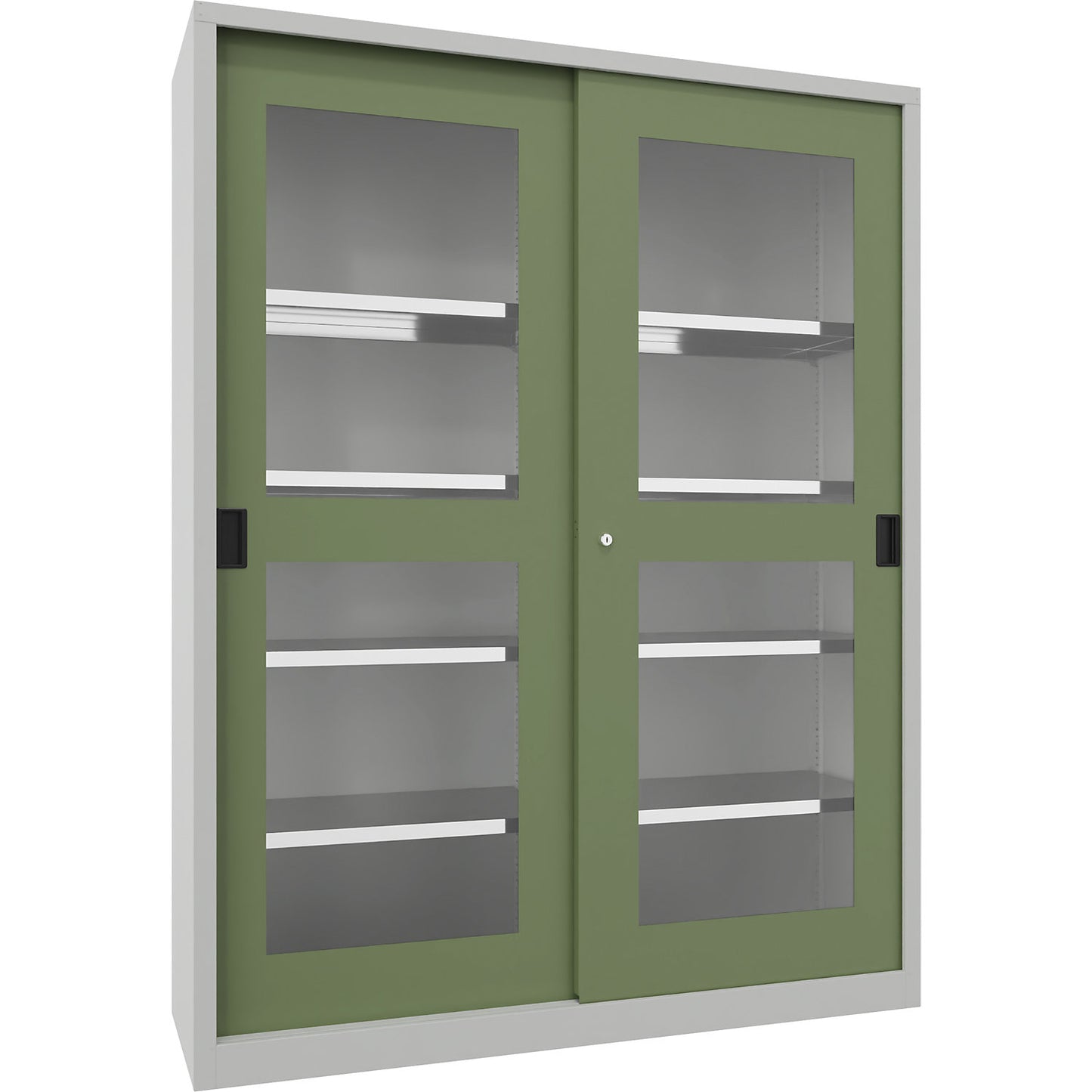 Sliding door cabinet, height 1950 mm, glazed doors, WxD 1500 x 500 mm, with divider and 2 x 4 shelves, door reseda green.