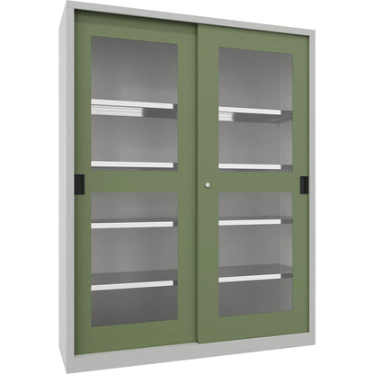 Sliding door cabinet, height 1950 mm, glazed doors, WxD 1500 x 500 mm, with divider and 2 x 4 shelves, door reseda green.