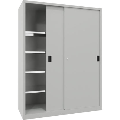 Sliding door cabinet, height 1950 mm, solid sheet metal doors, WxD 1500 x 600 mm, with divider and 2 x 4 shelves, door light grey.