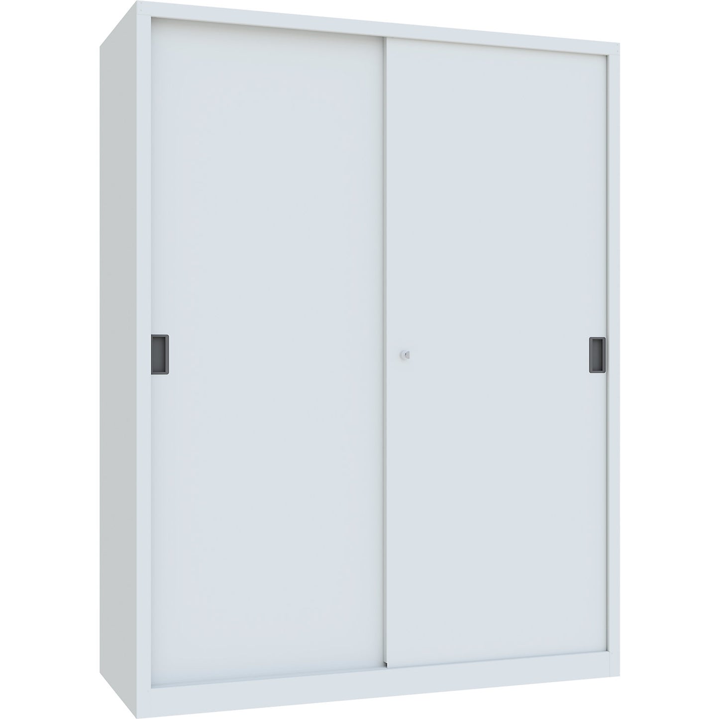Sliding door cabinet, height 1950 mm, solid sheet metal doors, WxD 1500 x 600 mm, with divider and 2 x 4 shelves, door light grey.