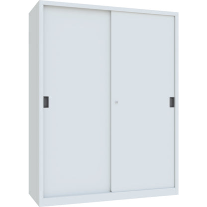 Sliding door cabinet, height 1950 mm, solid sheet metal doors, WxD 1500 x 600 mm, with divider and 2 x 4 shelves, door light grey.