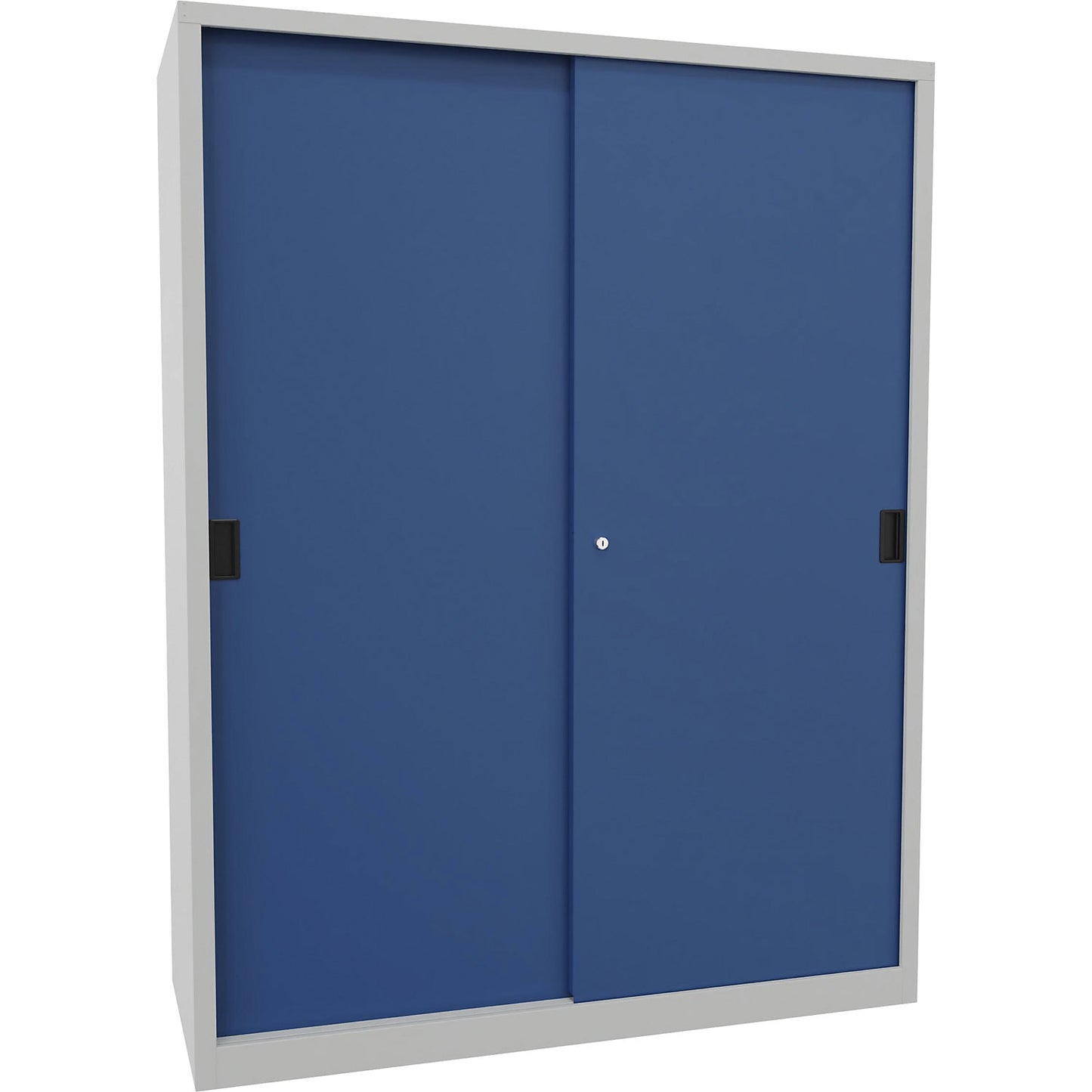 Sliding door cabinet, height 1950 mm, solid sheet metal doors, WxD 1500 x 600 mm, with divider and 2 x 4 shelves, door gentian blue.