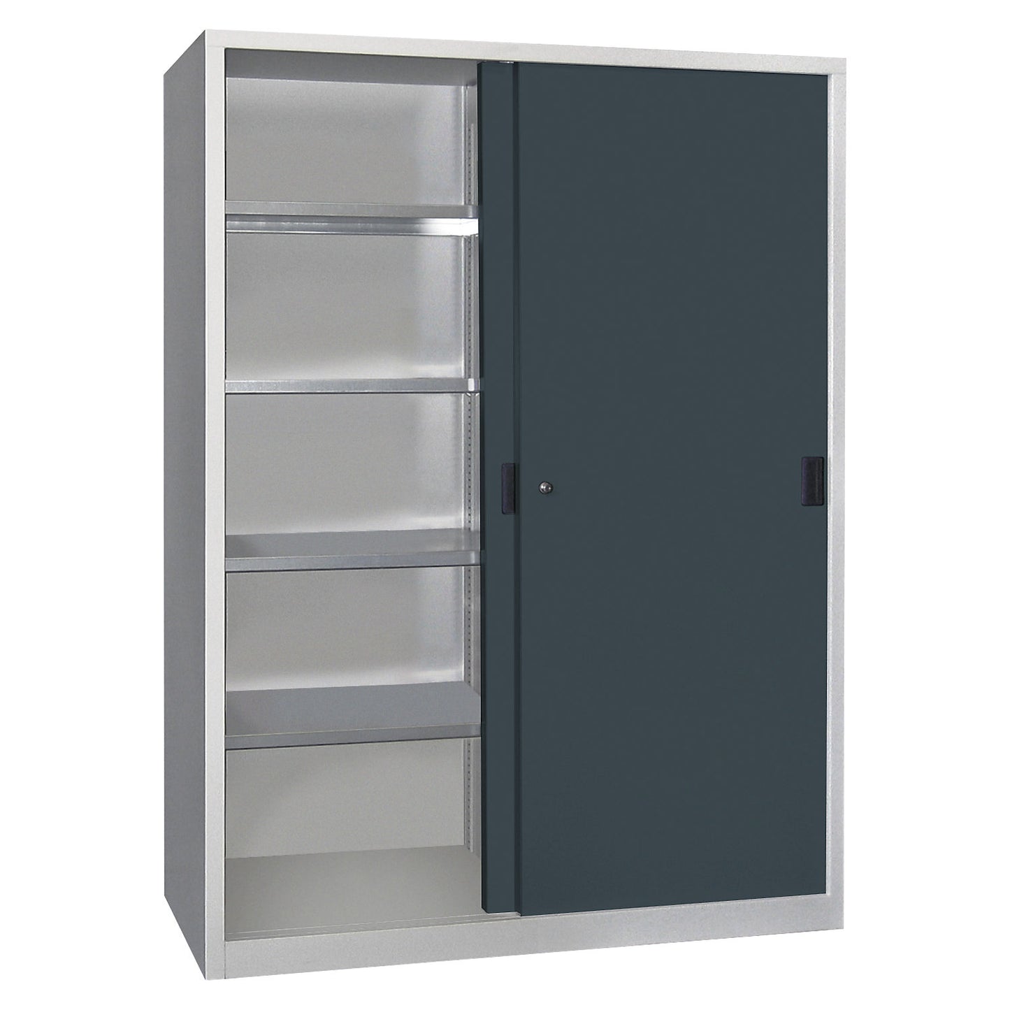Sliding door cabinet, height 1950 mm, solid sheet metal doors, WxD 1500 x 600 mm, with divider and 2 x 4 shelves, anthracite door.