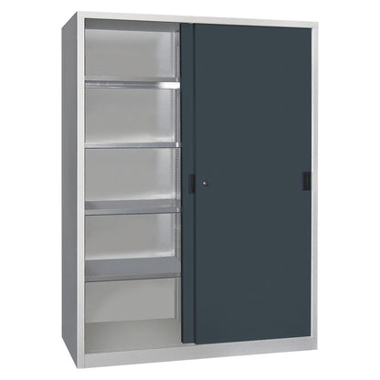 Sliding door cabinet, height 1950 mm, solid sheet metal doors, WxD 1500 x 600 mm, with divider and 2 x 4 shelves, anthracite door.