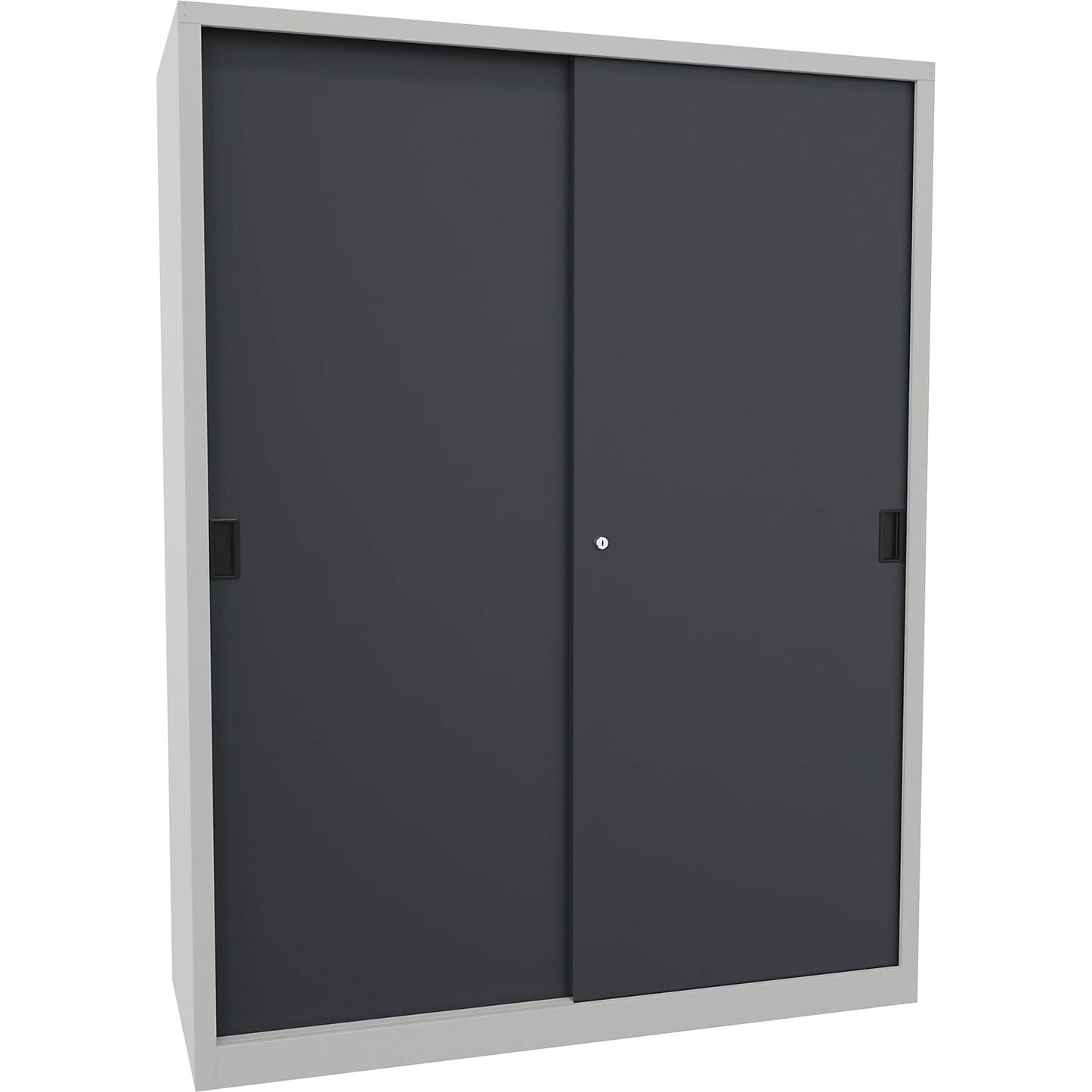 Sliding door cabinet, height 1950 mm, solid sheet metal doors, WxD 1500 x 600 mm, with divider and 2 x 4 shelves, anthracite door.