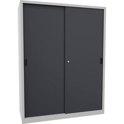 Sliding door cabinet, height 1950 mm, solid sheet metal doors, WxD 1500 x 600 mm, with divider and 2 x 4 shelves, anthracite door.