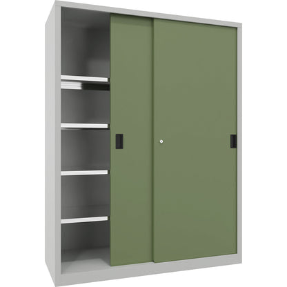Sliding door cabinet, height 1950 mm, solid sheet metal doors, WxD 1500 x 600 mm, with divider and 2 x 4 shelves, door reseda green.