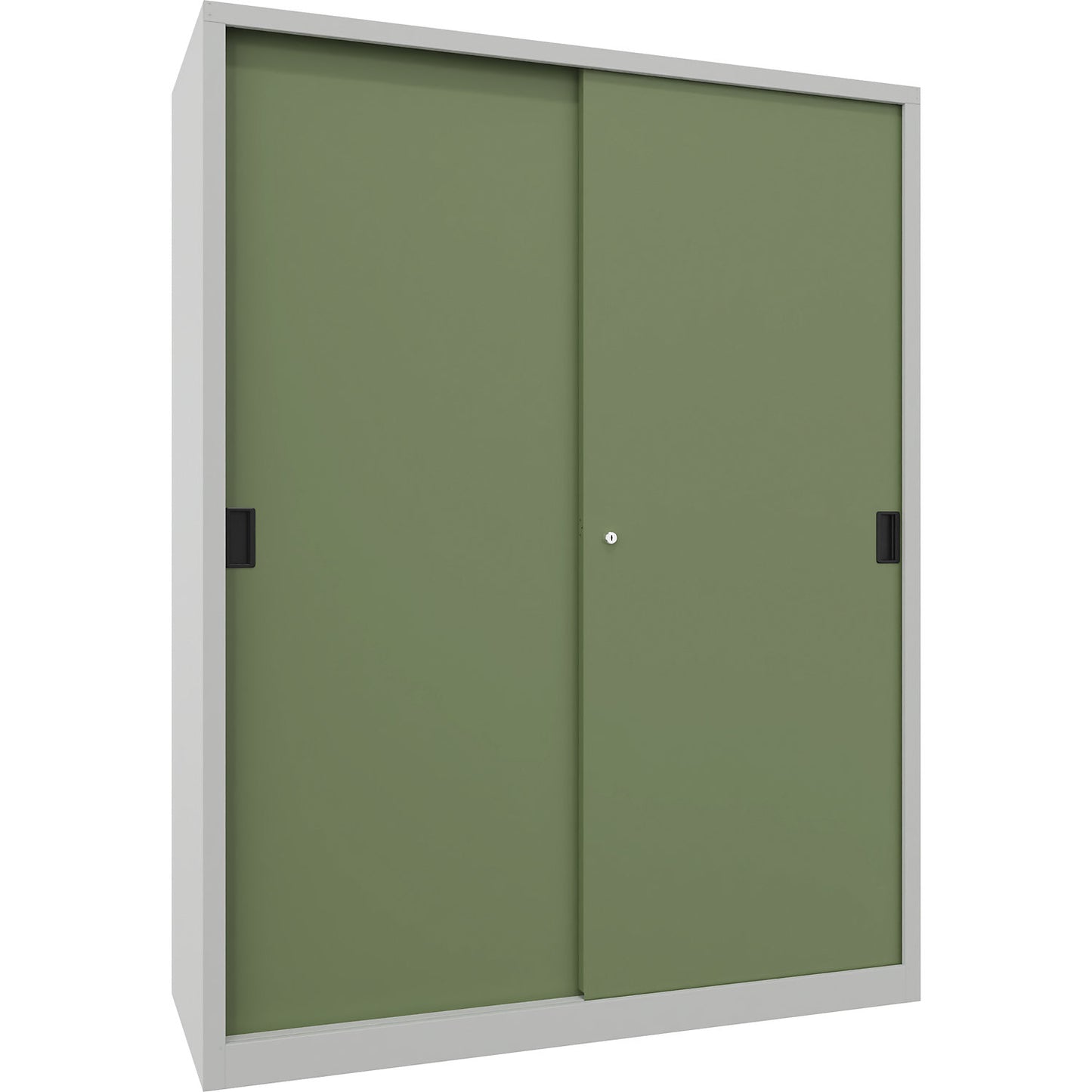 Sliding door cabinet, height 1950 mm, solid sheet metal doors, WxD 1500 x 600 mm, with divider and 2 x 4 shelves, door reseda green.