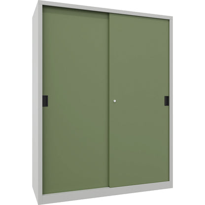 Sliding door cabinet, height 1950 mm, solid sheet metal doors, WxD 1500 x 600 mm, with divider and 2 x 4 shelves, door reseda green.