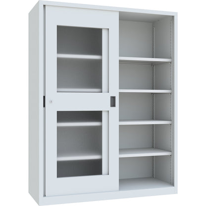 Sliding door cabinet, height 1950 mm, glazed doors, WxD 1500 x 600 mm, with divider and 2 x 4 shelves, door light grey.