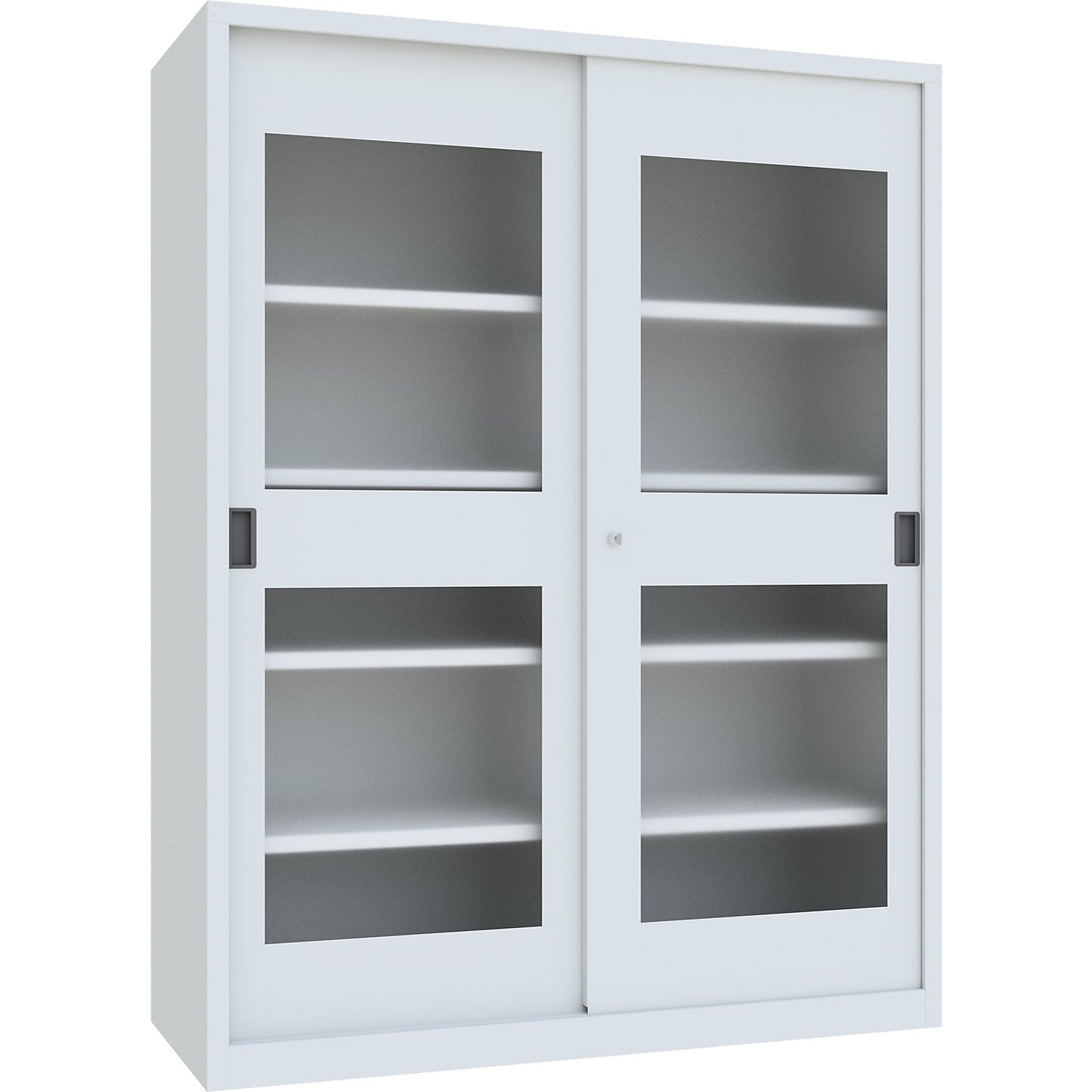 Sliding door cabinet, height 1950 mm, glazed doors, WxD 1500 x 600 mm, with divider and 2 x 4 shelves, door light grey.