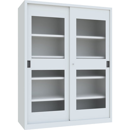 Sliding door cabinet, height 1950 mm, glazed doors, WxD 1500 x 600 mm, with divider and 2 x 4 shelves, door light grey.