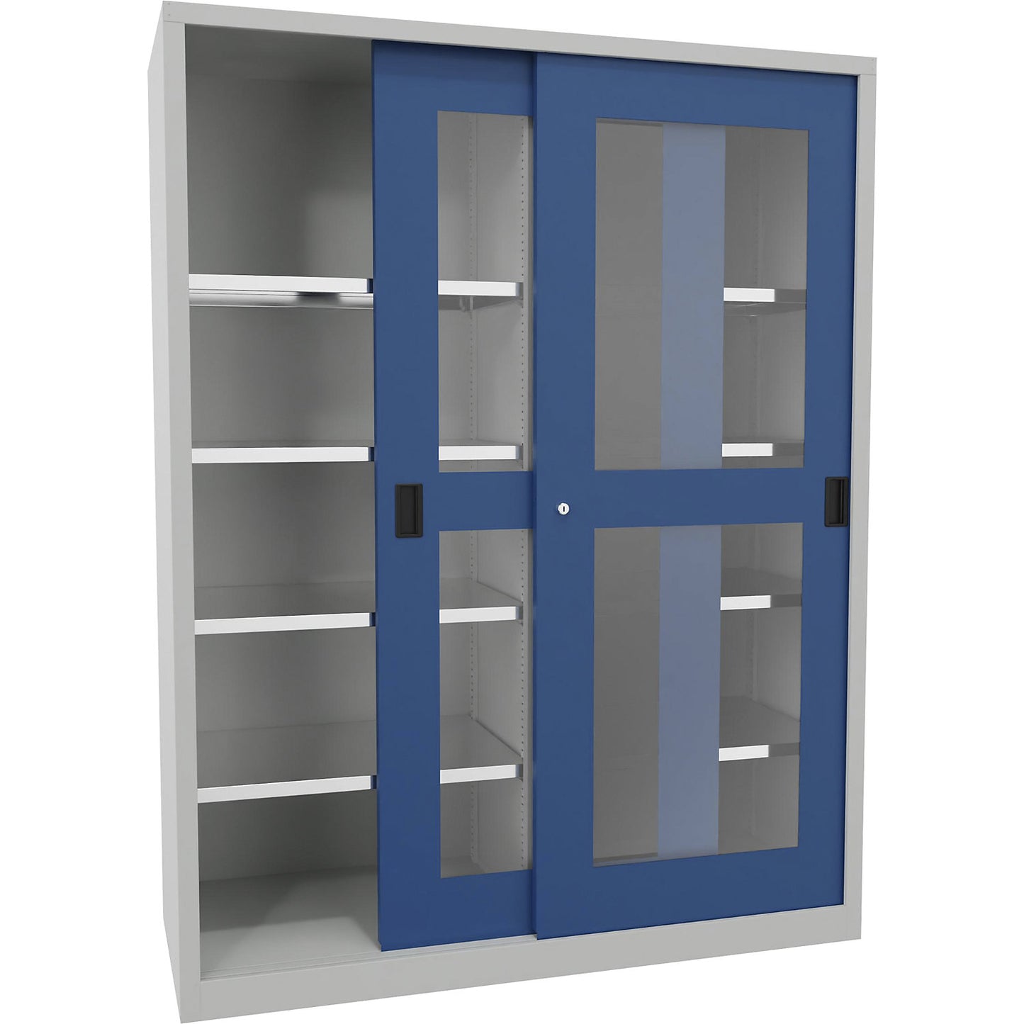 Sliding door cabinet, height 1950 mm, glazed doors, WxD 1500 x 600 mm, with divider and 2 x 4 shelves, door gentian blue.