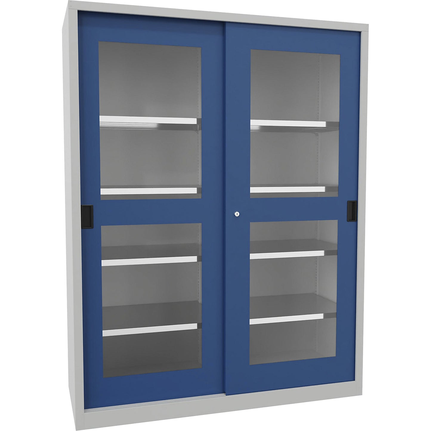 Sliding door cabinet, height 1950 mm, glazed doors, WxD 1500 x 600 mm, with divider and 2 x 4 shelves, door gentian blue.