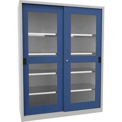 Sliding door cabinet, height 1950 mm, glazed doors, WxD 1500 x 600 mm, with divider and 2 x 4 shelves, door gentian blue.