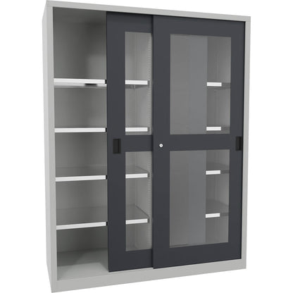 Sliding door cabinet, height 1950 mm, glazed doors, WxD 1500 x 600 mm, with divider and 2 x 4 shelves, anthracite door.