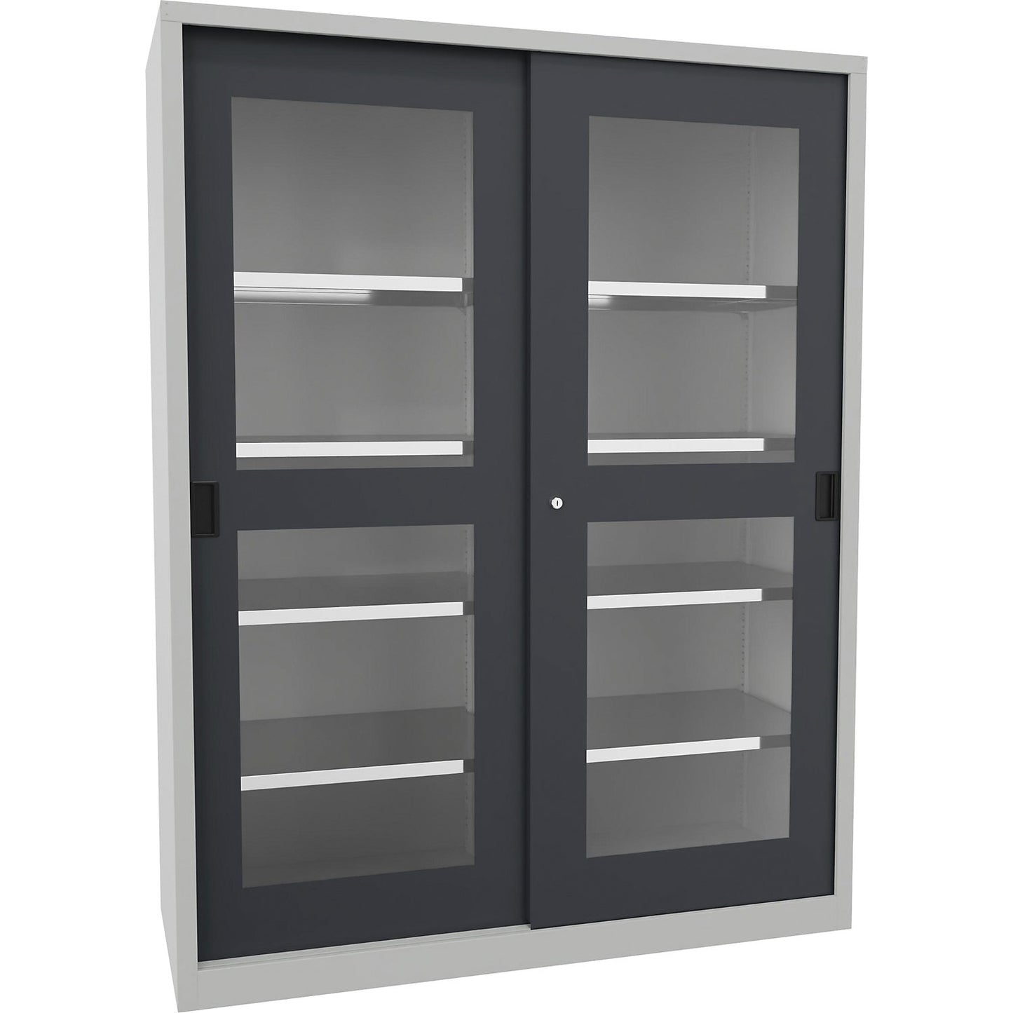 Sliding door cabinet, height 1950 mm, glazed doors, WxD 1500 x 600 mm, with divider and 2 x 4 shelves, anthracite door.
