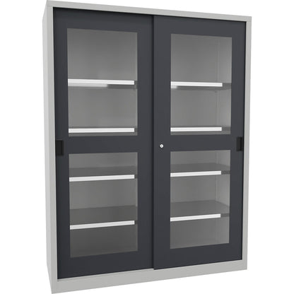 Sliding door cabinet, height 1950 mm, glazed doors, WxD 1500 x 600 mm, with divider and 2 x 4 shelves, anthracite door.