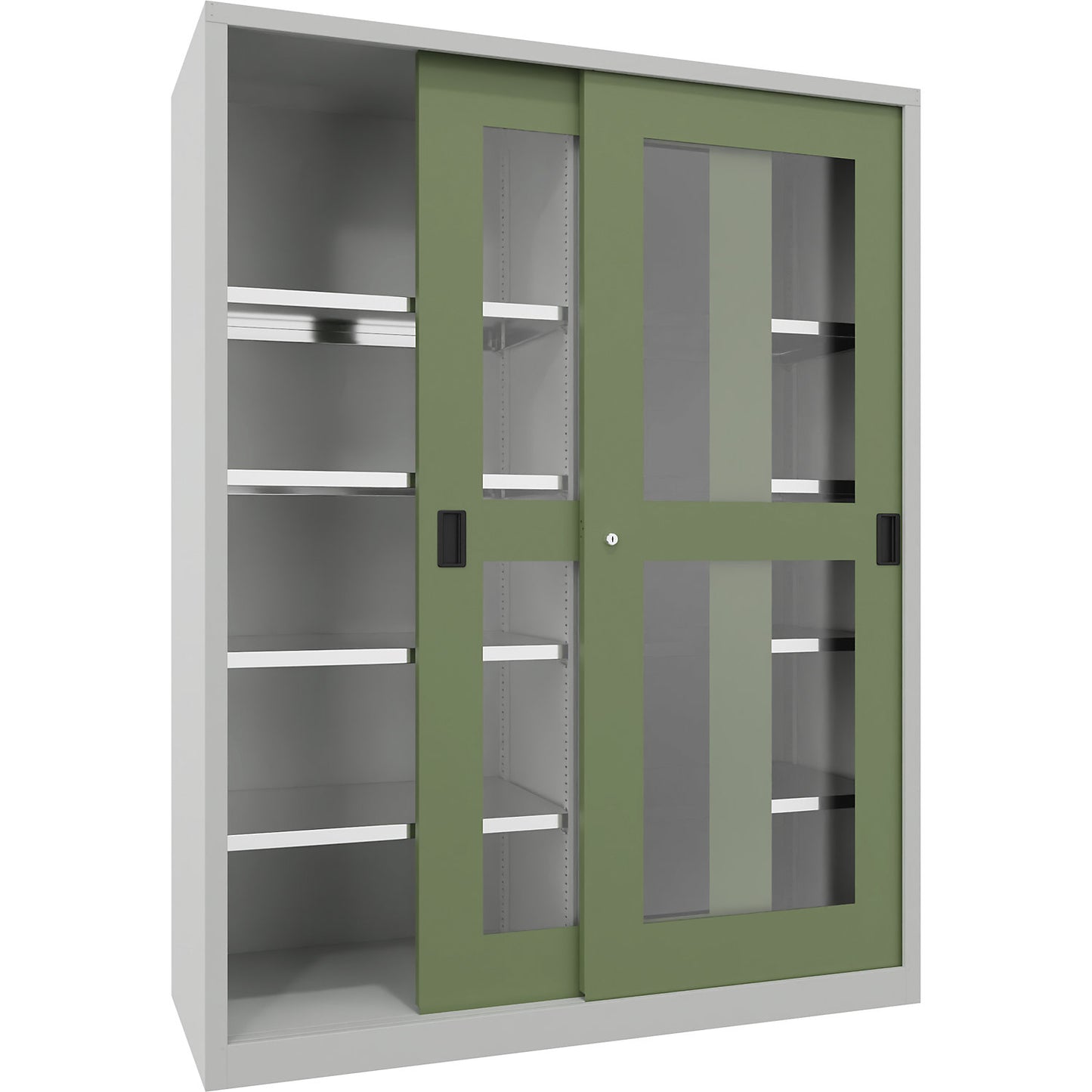 Sliding door cabinet, height 1950 mm, glazed doors, WxD 1500 x 600 mm, with divider and 2 x 4 shelves, door reseda green.