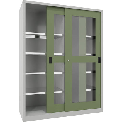 Sliding door cabinet, height 1950 mm, glazed doors, WxD 1500 x 600 mm, with divider and 2 x 4 shelves, door reseda green.