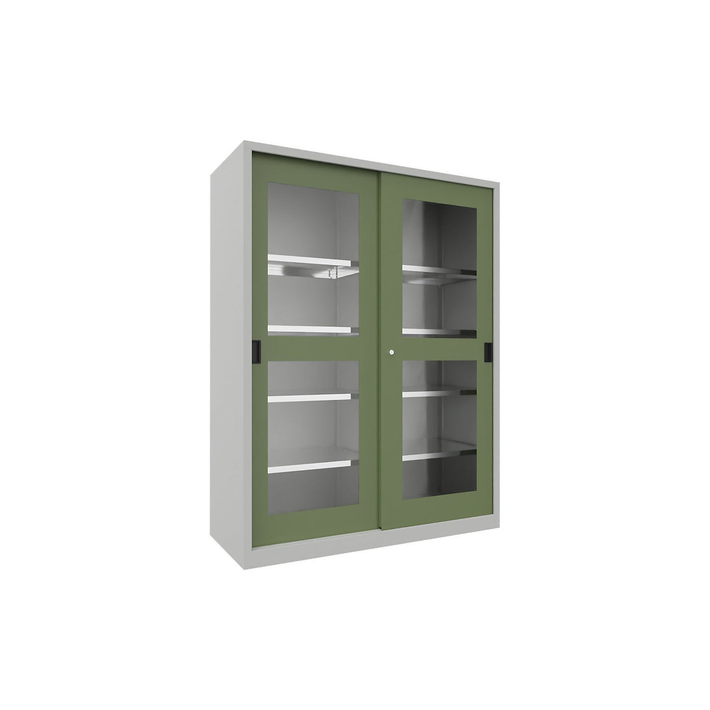 Sliding door cabinet, height 1950 mm, glazed doors, WxD 1500 x 600 mm, with divider and 2 x 4 shelves, door reseda green.