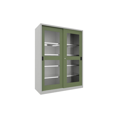 Sliding door cabinet, height 1950 mm, glazed doors, WxD 1500 x 600 mm, with divider and 2 x 4 shelves, door reseda green.