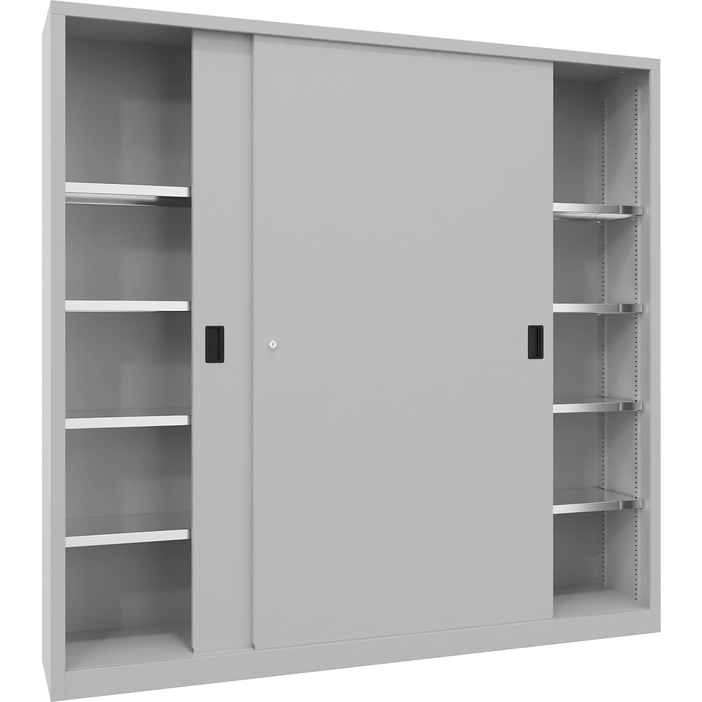 Sliding door cabinet, height 1950 mm, solid sheet metal doors, WxD 2000 x 400 mm, with divider and 2 x 4 shelves, door light grey.