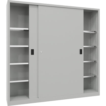 Sliding door cabinet, height 1950 mm, solid sheet metal doors, WxD 2000 x 400 mm, with divider and 2 x 4 shelves, door light grey.