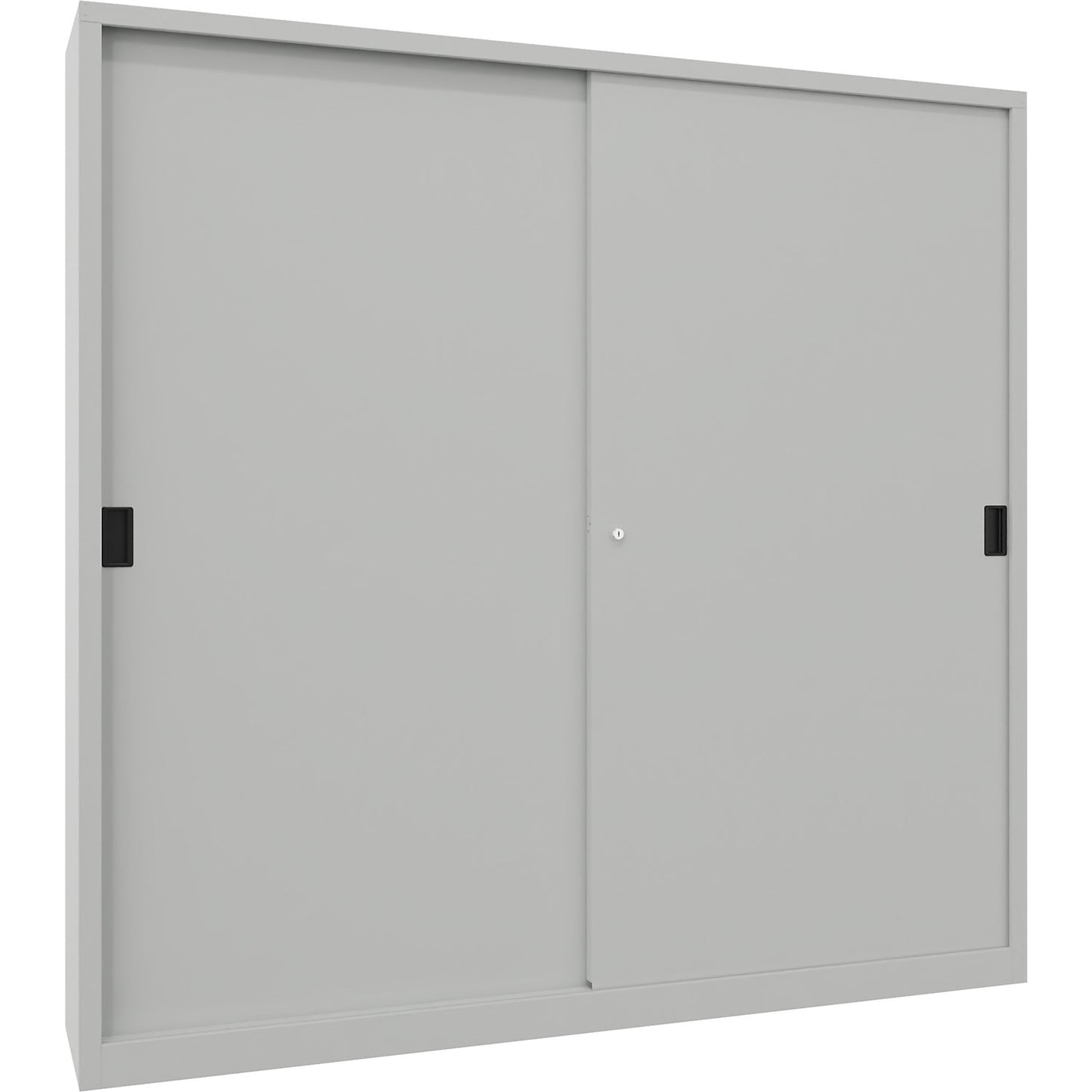 Sliding door cabinet, height 1950 mm, solid sheet metal doors, WxD 2000 x 400 mm, with divider and 2 x 4 shelves, door light grey.