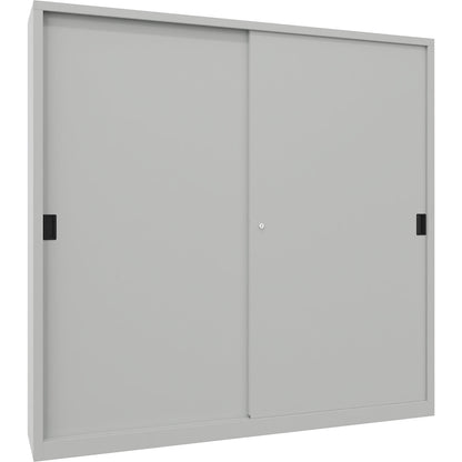 Sliding door cabinet, height 1950 mm, solid sheet metal doors, WxD 2000 x 400 mm, with divider and 2 x 4 shelves, door light grey.
