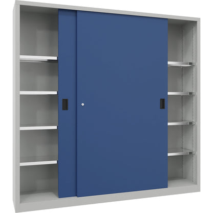 Sliding door cabinet, height 1950 mm, solid sheet metal doors, WxD 2000 x 400 mm, with divider and 2 x 4 shelves, door gentian blue.