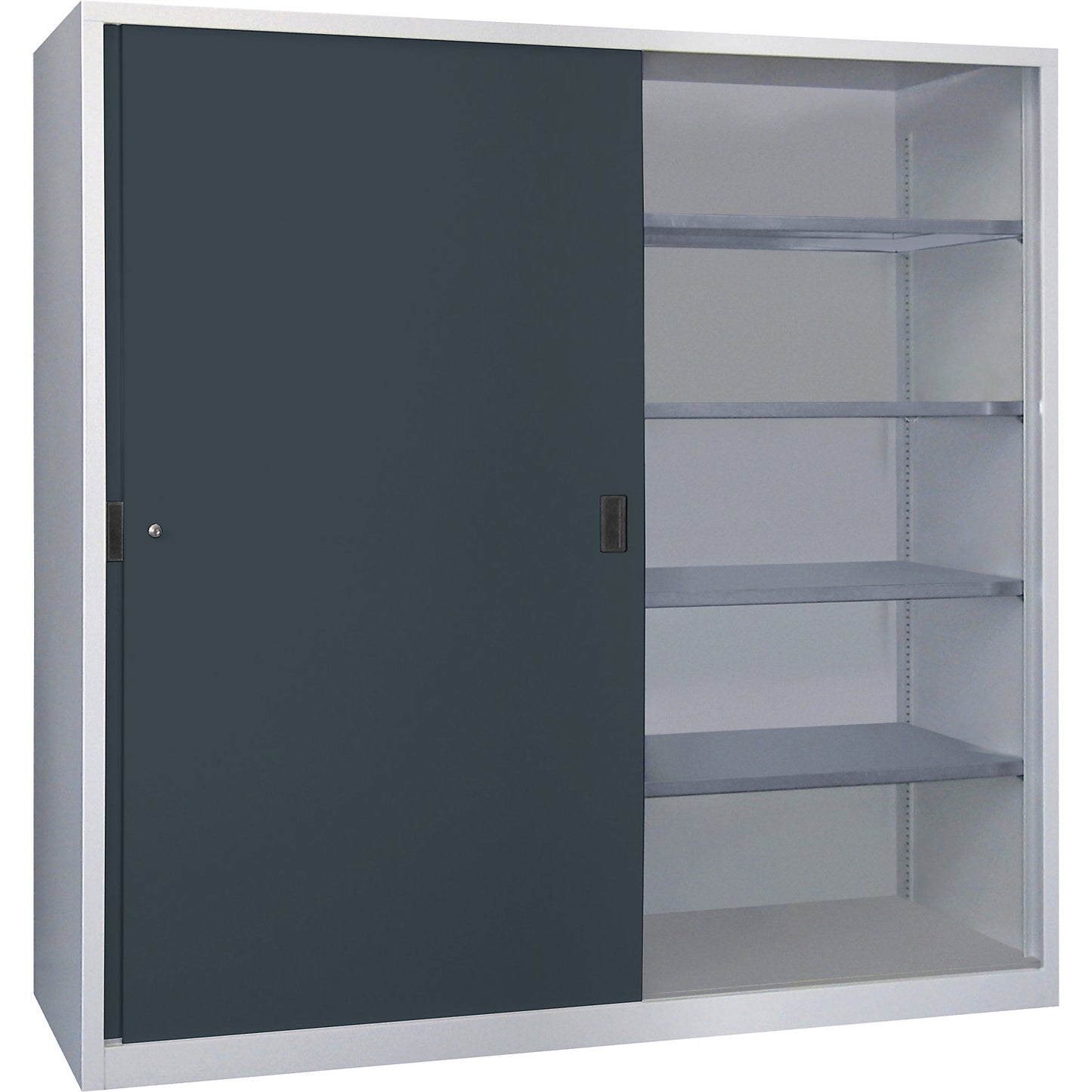 Sliding door cabinet, height 1950 mm, solid sheet metal doors, WxD 2000 x 400 mm, with divider and 2 x 4 shelves, anthracite door.