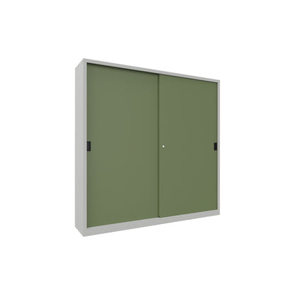 Sliding door cabinet, height 1950 mm, solid sheet metal doors, WxD 2000 x 400 mm, with divider and 2 x 4 shelves, door reseda green.